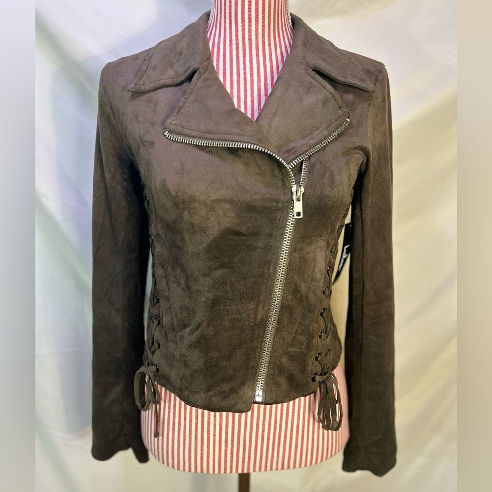 Brown Boho Jacket Motorcycle Faux Suede Fairycore Western Lace Up NWT Size Small